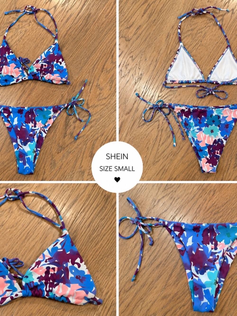 SHEIN Blue Floral Tie-Side Triangle Bikini Set